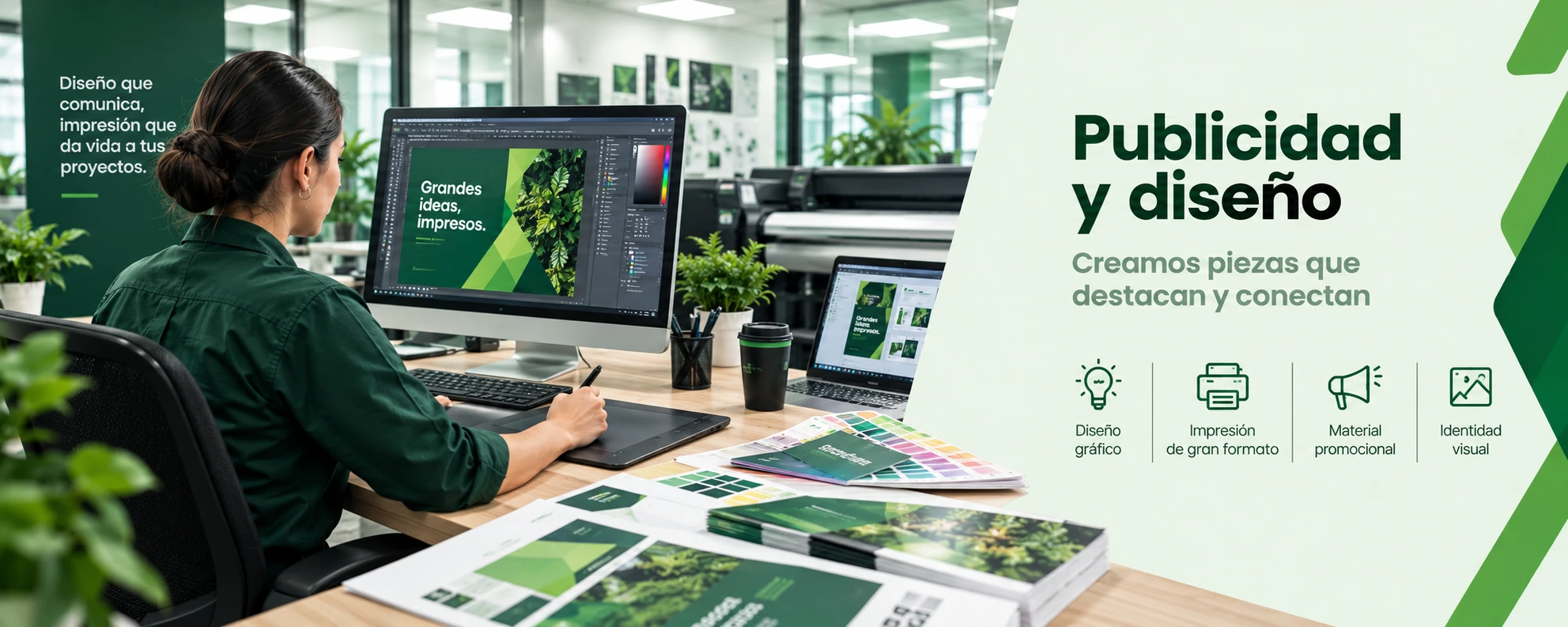 Publicidad y diseño gráfico: diseñadora de Bookstar Digital trabajando en una pieza publicitaria
